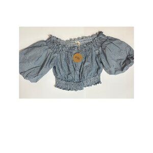 BiBi Off-the-Shoulder Smocked Crop Top – Blue Stripe – Size M – NWT